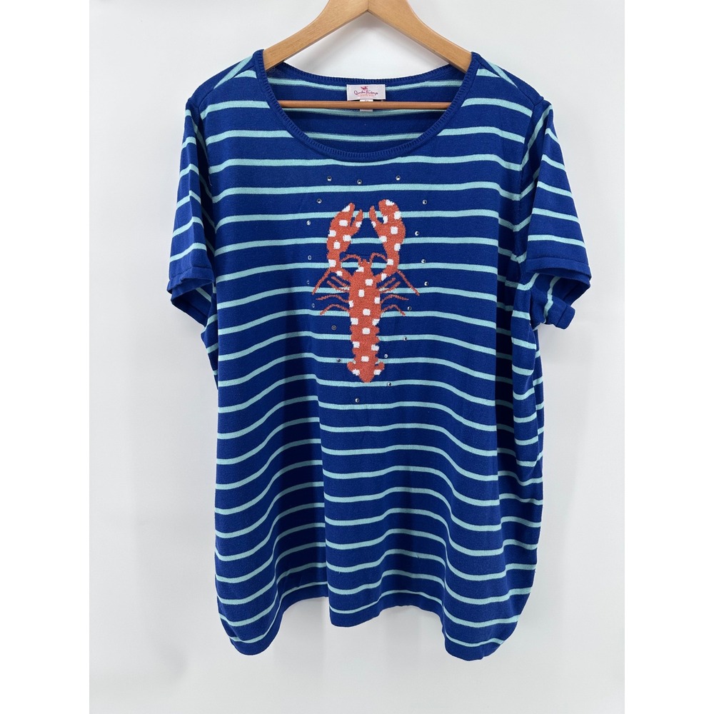 Quacker Factory Womens 3X Blue Striped Lobster Rhinestone Short Sleeve Knit Top